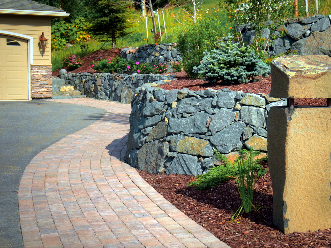 stone-retaining-wall-paver-walkway-light-pillar-deezrocks-clark-fork-idaho